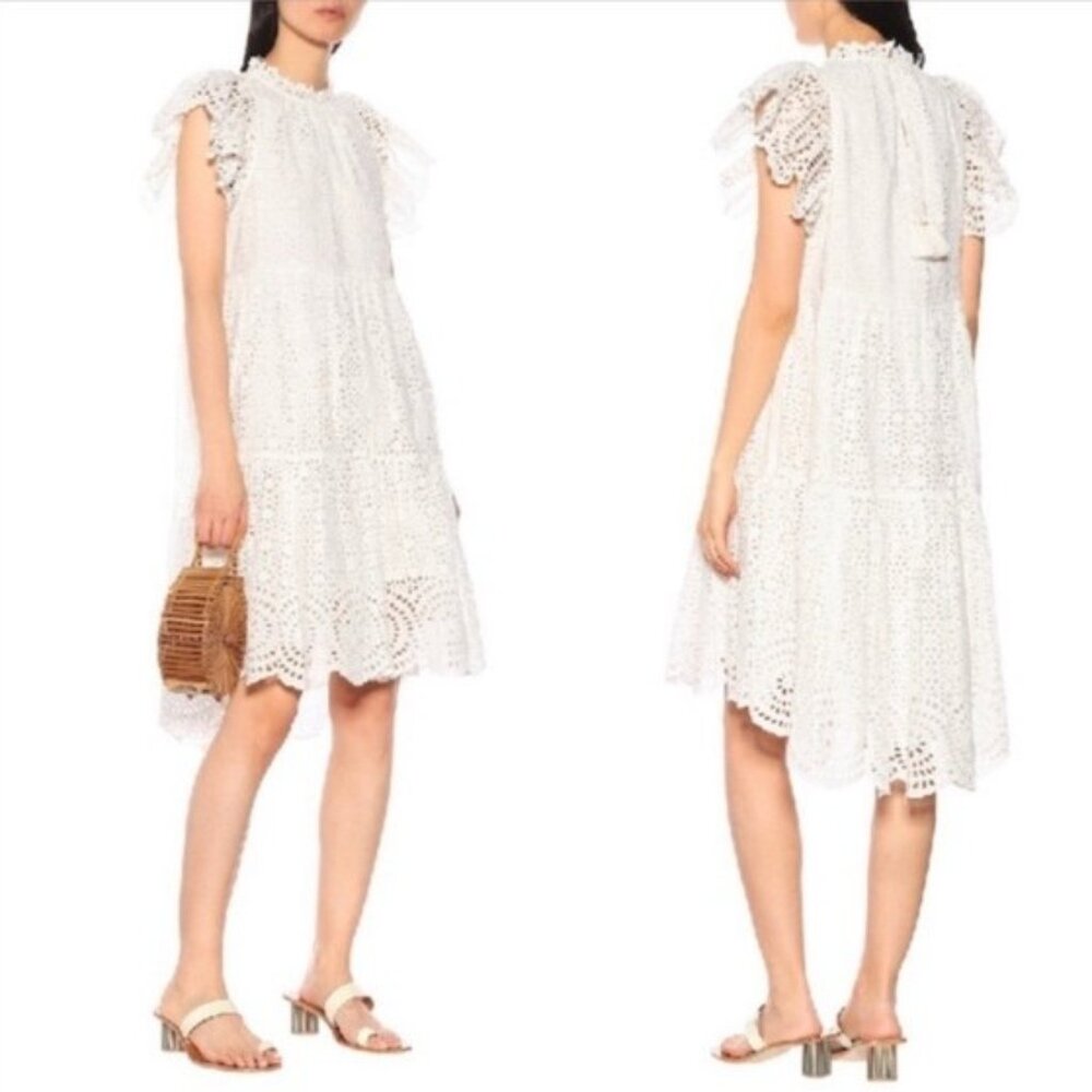 Ulla Johnson Norah Eyelet Flutter Sleeve Tiered Dress. White. SZ 4. RP $595.